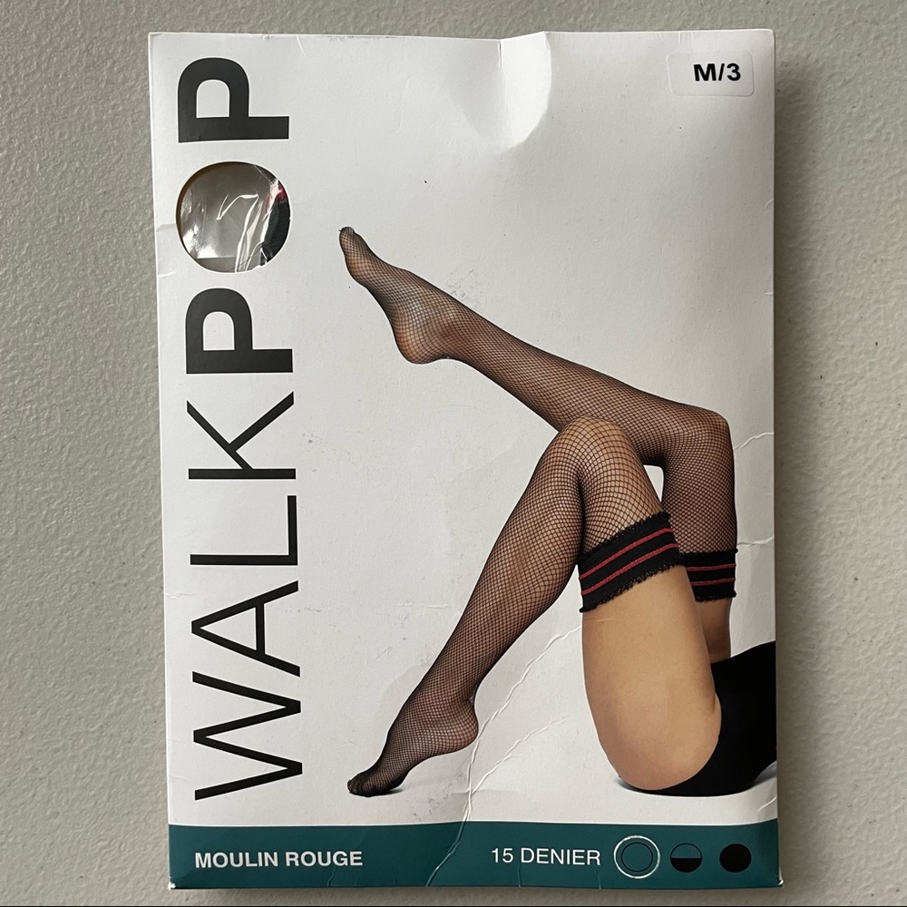 WalkPop 15 Denier Moulin Rouge Fishnet Black Red Lines Silky Stockings M/3
